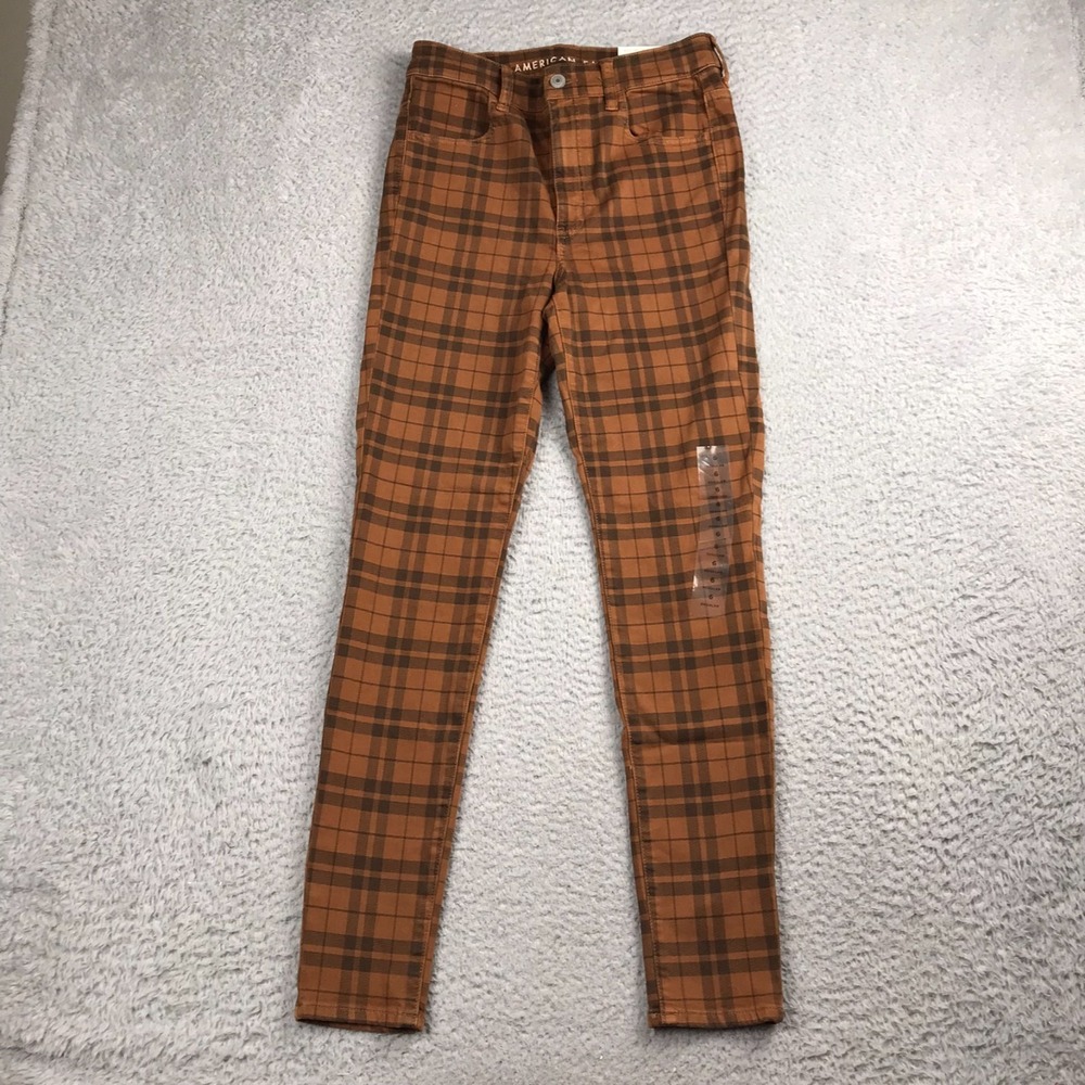American Eagle Super Hi Rise Jeggings Jeans Womens 6R Brown Tartan Plaid ‎ NEW